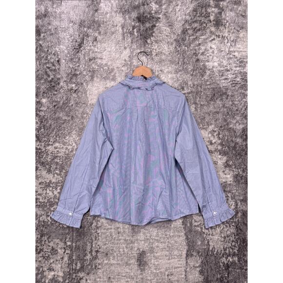 New J Crew Top 2X Womens Blue Striped Ruffle Collar Button Down Shirt Blouse - Picture 3 of 9